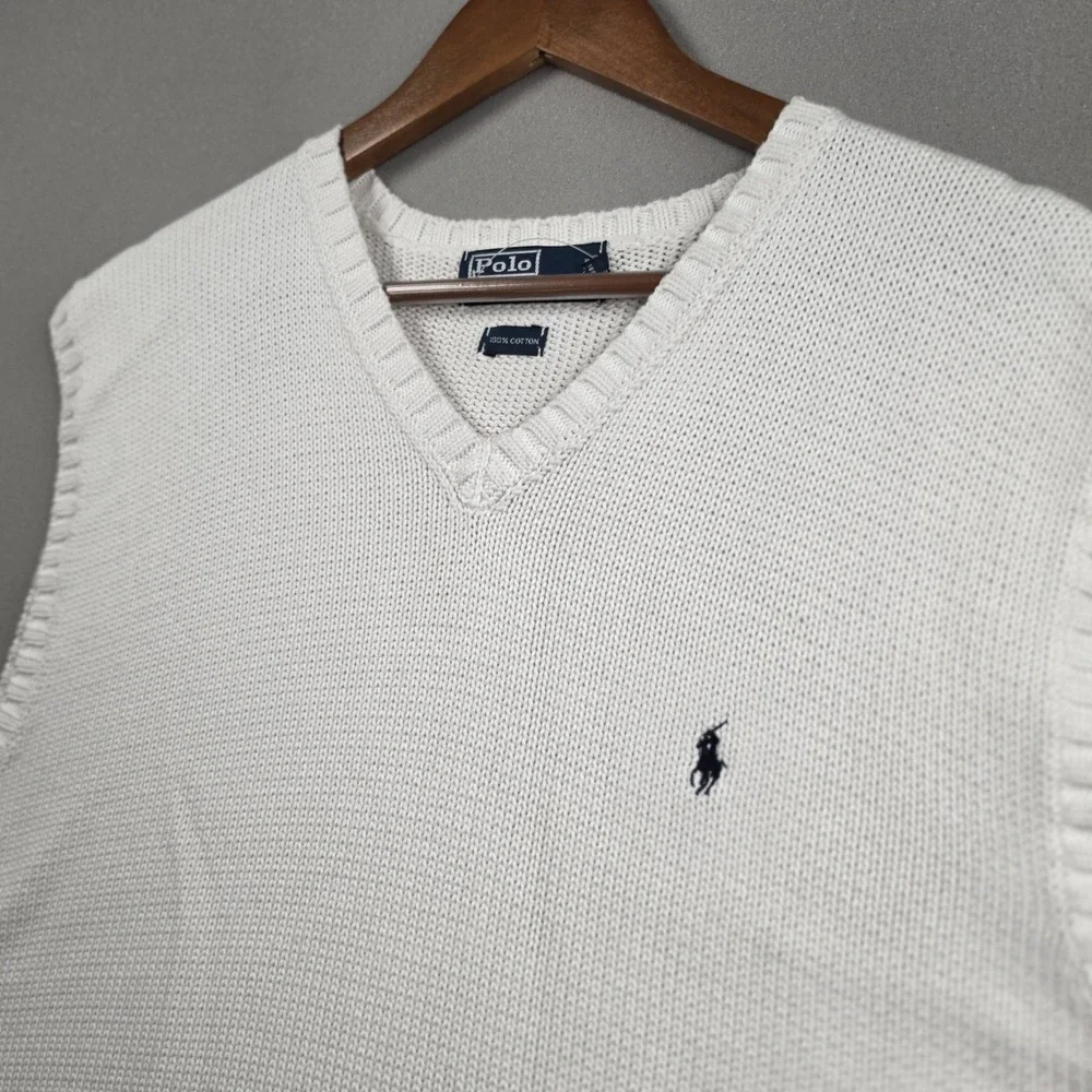 Polo Ralph Lauren Sweater Vest Men XL White V-Neck 100% Cotton Pony Logo Classic